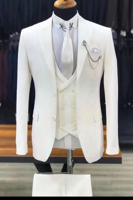 Simple White Shawl Lapel 3 Piece Wedding Suit