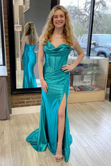 Simply Turquoise Prom Dress Satin Corset Long Formal Dress With Slit