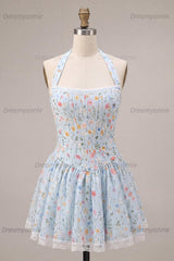 Sky Blue Floral A Line Halter Corset Short Homecoming Dress with Lace