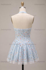 Sky Blue Floral A Line Halter Corset Short Homecoming Dress with Lace