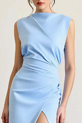 Sky Blue Formal Dress Satin Boat Neck Long Sheath Wedding Guest Dress With Slit