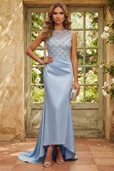 Sky Blue Satin High Low Mermaid Mother of the Bride Dress with Lace Bodice