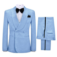 Sky Blue Jacquard Double Breasted Shawl Lapel Wedding Suit New Arrival