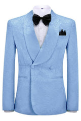 Sky Blue Jacquard Double Breasted Shawl Lapel Wedding Suit New Arrival