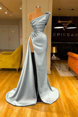Sky Blue One Shoulder High Split Beaded Long Mermaid Prom Dress
