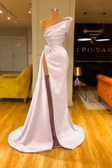 Sky Blue One Shoulder High Split Beaded Long Mermaid Prom Dress