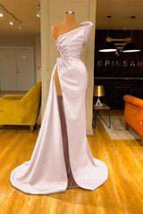 Sky Blue One Shoulder High Split Beaded Long Mermaid Prom Dress