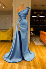 Sky Blue One Shoulder High Split Beaded Long Mermaid Prom Dress