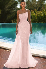 Sky Blue One Shoulder Mermaid Evening Dress with Sequins and Tulle