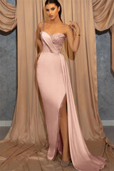 Sky Blue One Shoulder Spaghetti Strap Sweetheart Mermaid Evening Dress with Sequins Split