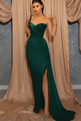 Sky Blue One Shoulder Spaghetti Strap Sweetheart Mermaid Evening Dress with Sequins Split