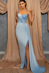 Sky Blue One Shoulder Spaghetti Strap Sweetheart Mermaid Evening Dress with Sequins Split