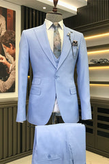 Sky Blue Peaked Lapel Prom Suit Modern Three Piece Design