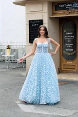 Sky Blue Prom Dress A Line Long Corset Evening Dress With Adjustable Straps