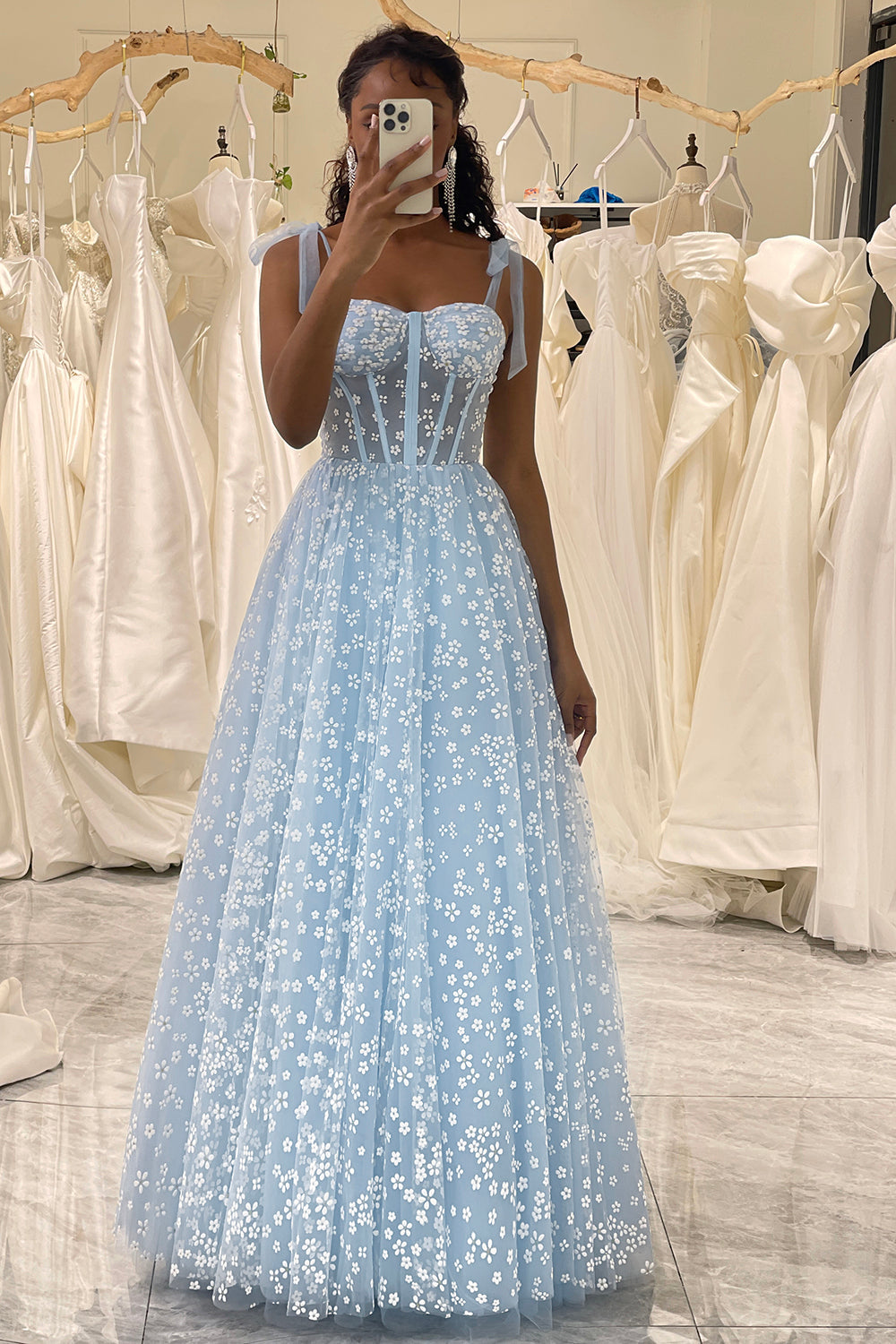 Sky Blue Prom Dress A Line Long Corset Evening Dress With Adjustable Straps