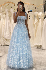 Sky Blue Prom Dress A Line Long Corset Evening Dress With Adjustable Straps
