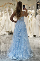 Sky Blue Prom Dress A Line Long Corset Evening Dress With Appliques