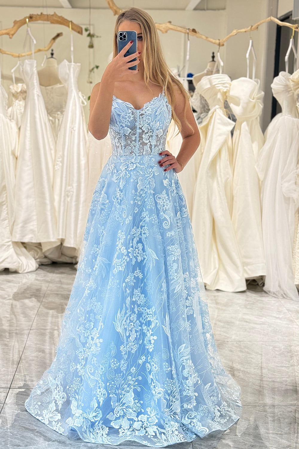 Sky Blue Prom Dress A Line Long Corset Evening Dress With Appliques