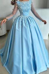 Sky Blue Prom Dress A Line Satin Rhinestones Formal Dress With Sleeves