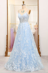 Sky Blue Prom Dress A Line Tulle Long Corset Evening Dress With Appliques