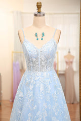 Sky Blue Prom Dress A Line Tulle Long Corset Evening Dress With Appliques