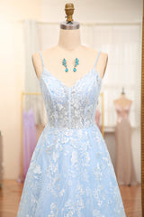Sky Blue Prom Dress A Line Tulle Long Corset Evening Dress With Appliques