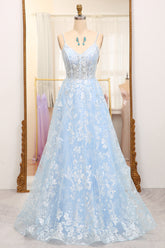 Sky Blue Prom Dress A Line Tulle Long Corset Evening Dress With Appliques