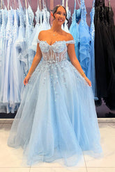 Sky Blue Prom Dress Floral A-Line Off The Shoulder Corset Long Formal Dress