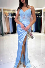 Sky Blue Prom Dress Mermaid Spaghetti Straps Lace Formal Dress With Slit