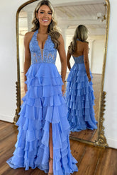 Sky Blue Prom Dress Ruffled Halter Corset Formal Dress With Slit