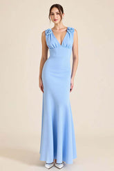 Sky Blue Prom Dress Satin Sheath V Neck Long Formal Dress With Flowers