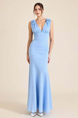 Sky Blue Prom Dress Satin Sheath V Neck Long Formal Dress With Flowers