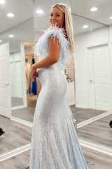 Sky Blue Prom Dress Sequin Mermaid Evening Dress with Feather
