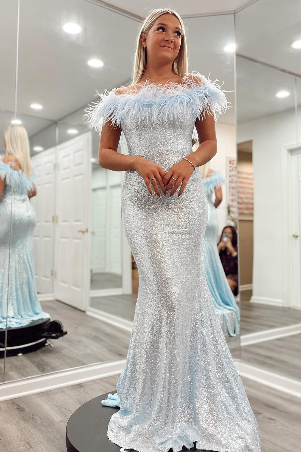 Sky Blue Prom Dress Sequin Mermaid Evening Dress with Feather