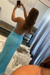 Sky Blue Prom Dress Sequined Lace Up Long Evening Dress with Slit