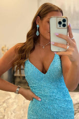 Sky Blue Prom Dress Sequined Lace Up Long Evening Dress with Slit