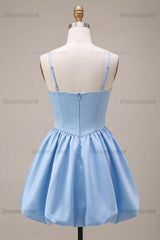 Sky Blue Satin A Line Corset Short Homecoming Dress with Bow