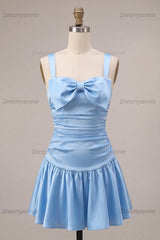 Sky Blue Satin Ruched A Line Short Homecoming Dress with Bow