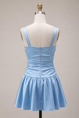 Sky Blue Satin Ruched A Line Short Homecoming Dress with Bow