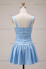 Sky Blue Satin Ruched A Line Short Homecoming Dress with Bow