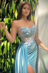 Sky Blue Sweetheart Sleeveless Mermaid Evening Dress with Beads and Satin Ruffle Slit
