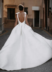 Sleek Ball Gown Satin V Neck Bridal Gowns