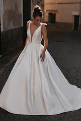 Sleek Ball Gown Satin V Neck Bridal Gowns