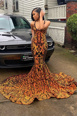 Sleeveless Halter Prom Dress Mermaid Appliques V Neck Evening Dress