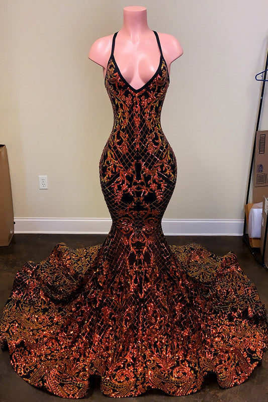 Sleeveless Halter Prom Dress Mermaid Appliques V Neck Evening Dress