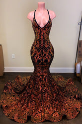 Sleeveless Halter Prom Dress Mermaid Appliques V Neck Evening Dress