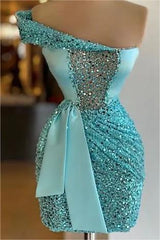 Sleeveless One Shoulder Homecoming Dress Short Sequined Cocktail Dress Pleated With Belt