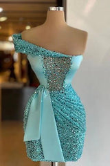 Sleeveless One Shoulder Homecoming Dress Short Sequined Cocktail Dress Pleated With Belt
