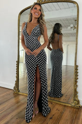 Sophisticated Black Pearls Mermaid V-Neck Backless Slit Prom Evening Gown Formal Evening Gown