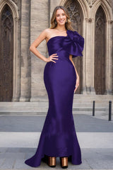 Sophisticated One Shoulder Asymmetrical Satin Gown for Bridal Mothers Featuring a Bow